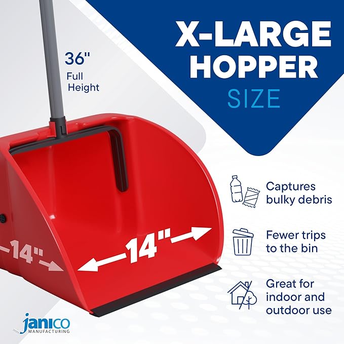 Janico Tall Commercial Dust Pan with Handle – 10 Pack – Indoor/Outdoor Heavy Duty Large Upright Standing Dust Pans with Long Handle – 12-Inch Wide Plastic Stand Up Lobby Dustpan Only with Broom Clip