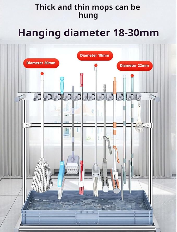 2. Removable Metal Broom Rack with Hooks Corrosion-Resistant Mop for Small Spaces Home Garage Storage Cleaning Tool Rack