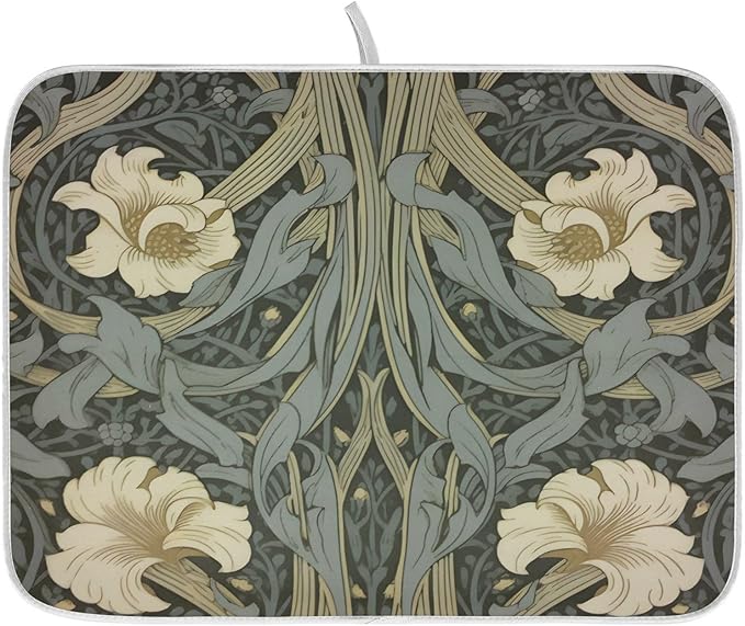 William Morris Flowers Print Dish Drying Mat for Kitchen Counter Absorbent Microfiber Small Drying Pad Dish mats for Kitchen Countertops 16 x 18 Inch