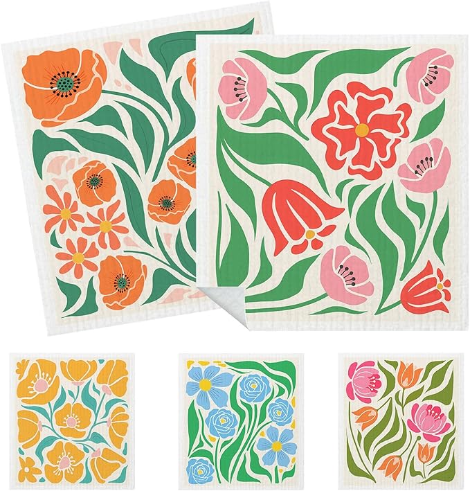 5 Pack Mixed Colorful Blossoms Flower Swedish Kitchen Dishcloths Dish Towels, Floral Dish Towels for Kitchen, Swedish Dishcloth, Paper Towels Reusable, Dish Cloth Towel Cleaning Wipe for Home