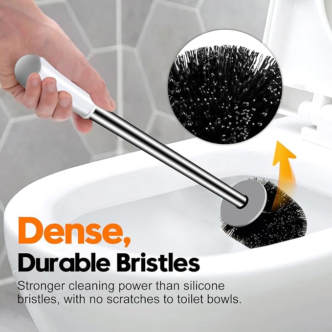 Toilet Brush, Compact Toilet Bowl Brush and Holder, Stainless Steel Handle, Toilet Cleaner Brush Deep Cleaning for Bathroom, Easy to Assemble White & Grey ﻿