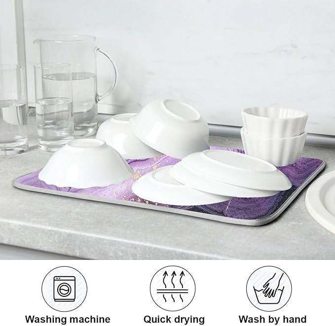 Marble Purple Gold Dish Drying Mat for Kitchen Countertop 18x24 Tie Dye Rectangle Large Drying Mat Reusable Quick Dry Dish Sink Absorbent Mats Dishwasher Easy Clean Decorative Home Decor Essentials