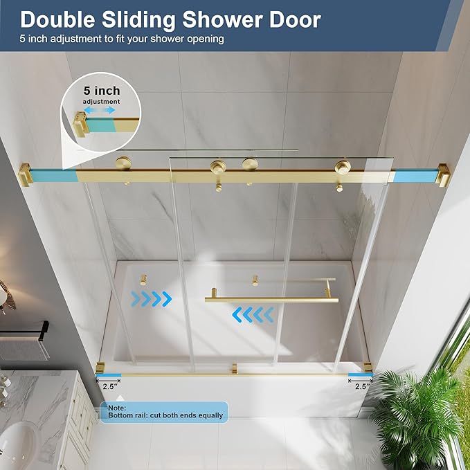 Frameless Bathtub Shower Door, 55-60" W x 60" H Double Sliding Tub Shower Door, 1/4''(6mm) SGCC Tempered Glass with Explosion-Proof Film Nano Coating, Brushed Gold