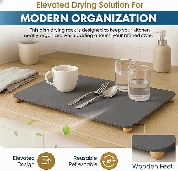 Stone Drying Mat for Kitchen Counter with Bamboo Rack,20"×16" Natural Diatomaceous Earth Drying Stone, Minimalist Dish Drying Mat for Modern Kitchen Countertops