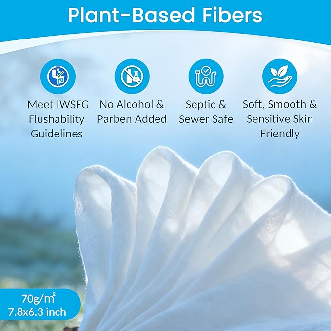 WONDERFUL Flushable Butt Wipes, Unscented 100% Plant-Based Wet Wipes for Adults & Kids, Sewer & Septic Safe, Gentle for Sensitive Skin, Wipes Flushable Pack for Bathroom & Travel, 3-Pack (180 Counts)