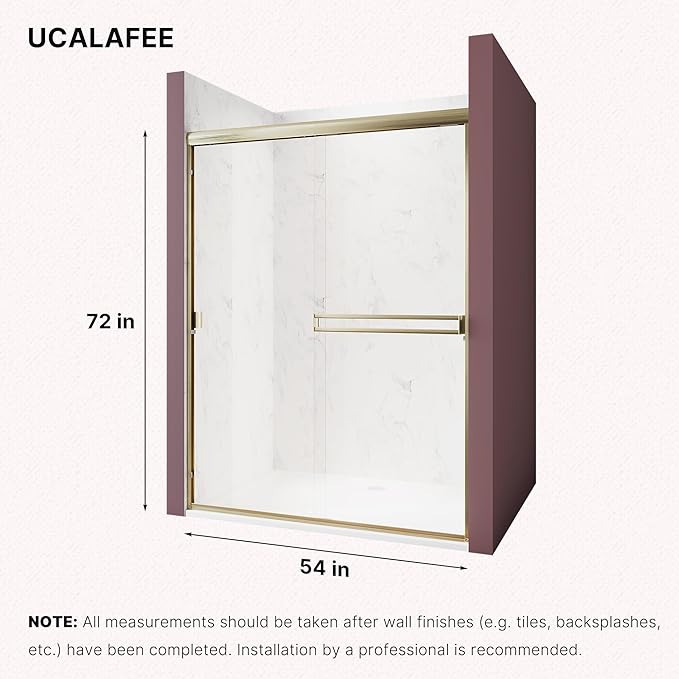Shower Door 50-54 in. W x 72 in. H, UCALAFEE Semi-Frameless Double Sliding Shower Door with 1/4" (6mm) SGCC Clear Tempered Glass, Silent Soft-Close & Anti-Leak Walk-in Shower Door, Brushed Gold