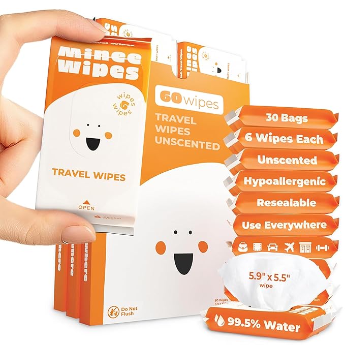 Impossibly Compact Travel Wipes - 99.5% Water - Safe for Sensitive Skin & Hypoallergenic, Resealable, Thick & Durable - For Adults, Kids & Baby Care - Unscented, 30 Pack Total 180 Wipes