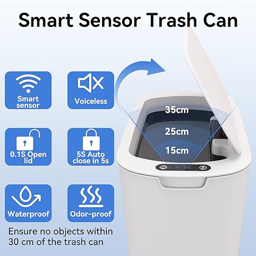Automatic Motion Sensor Bathroom Trash Can with Lid, 5 Gallon Touchless Trash Bin,Smart Electric Narrow Waterproof Garbage Bin for Toilet, Office, Bedroom, Living Room, Dorm (White