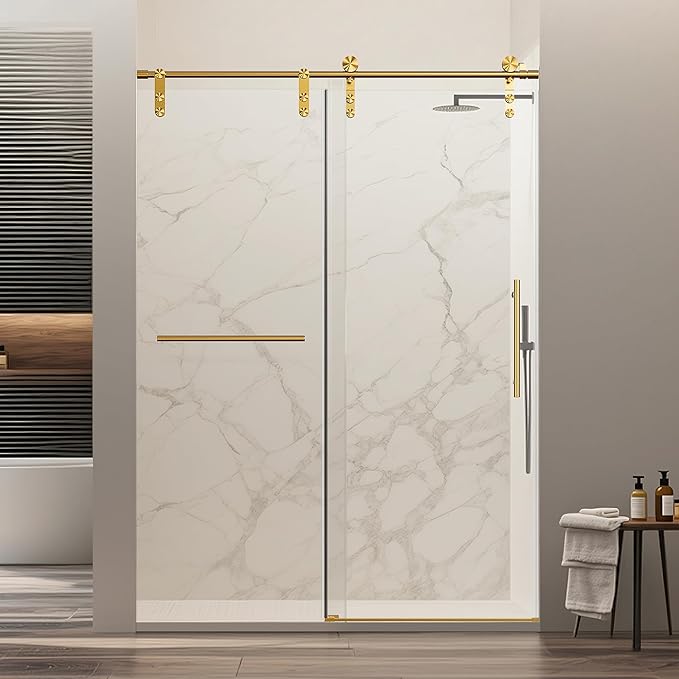 50-54" W x 76" H Frameless Sliding Shower Door, Safety Bathroom Single Sliding Glass Doors with 5/16" (8mm) SGCC Tempered Glass, Stainless Steel Handle and Heavy Duty Frame, Brushed Gold