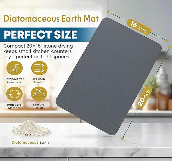 Stone Drying Mat for Kitchen Counter with 5 Wooden Feet, Dark Gary 19.7"×14.7" Diatomaceous Earth Dish Drying Mat, Elevated Drying Stone Mat for Modern Kitchen Countertop (Light Gray, Standard)