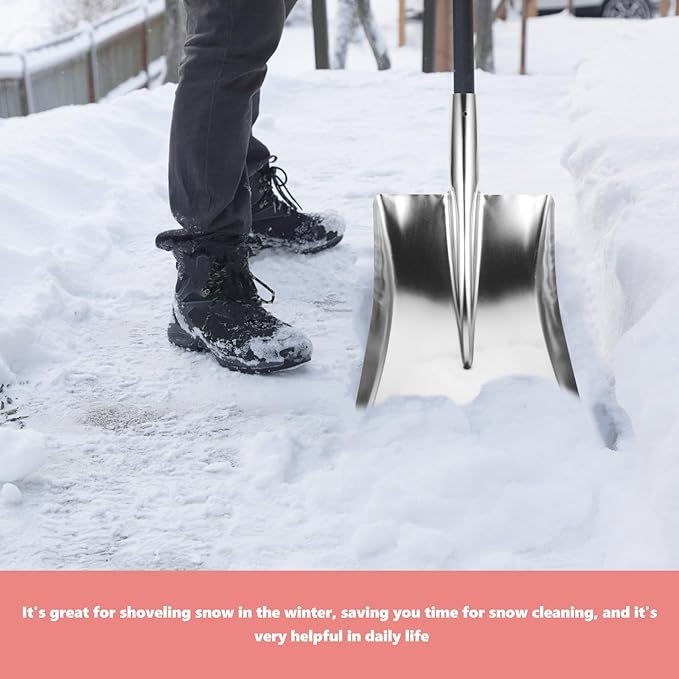 Metal Snow Shovel and Garbage Dustpan for Outdoor Cleaning Stainless Steel Square Head Snow Pusher for Driveway and Yard Heavy-Duty Metal Dust Shovel for and Debris Removal