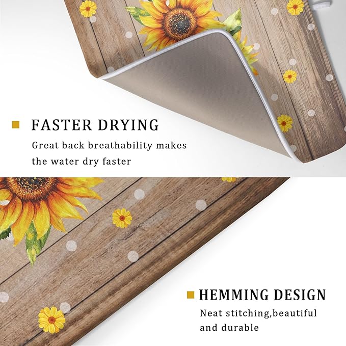 Summer Sunflower Bee Dish Drying Mat for Kitchen Counter,Rustic Yellow Flowers White Polka Dots Drying Mat 18 x 24 Inch with Absorbent Reversible Microfiber Drying Pad for Coffee Bar