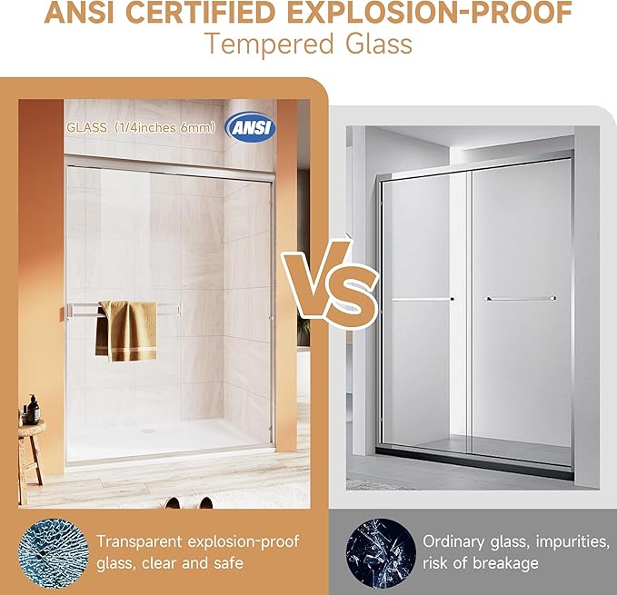 Shower Door 50-54 in. W x 72 in. H, UCALAFEE Semi-Frameless Double Sliding Shower Door with 1/4" (6mm) SGCC Clear Tempered Glass, Silent Soft-Close & Anti-Leak Walk-in Shower Door, Brushed Nickel