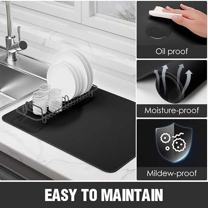 Dish Drying Mat for Kitchen Counter Super Absorbent Drainer Mats with Non-slip Rubber Backed Hide Stain Heat Resistant Easy to Clean Dish Rack Mat (Black, L-24"x16")