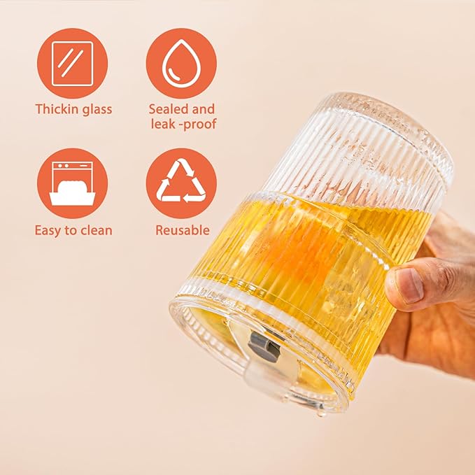 13oz Glass Tumblers with Lids and Straws, Set of 2 - Stylish Ribbed Design Drinking Glasses for Iced Coffee, Juice, Smoothies, Cold Beverages, Includes Cleaning Brush, Durable Glassware