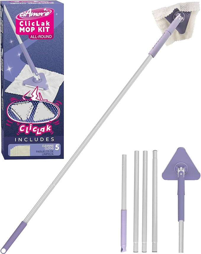 ClicLak Wall Cleaner Mop, Instantly Attach & Remove Cloth Touch-Free, Triangular Clamp Clip Ceiling Cleaning Duster with 67 Inches Handle, 5 Dry Cloths for Walls, Window, Floor, Baseboard