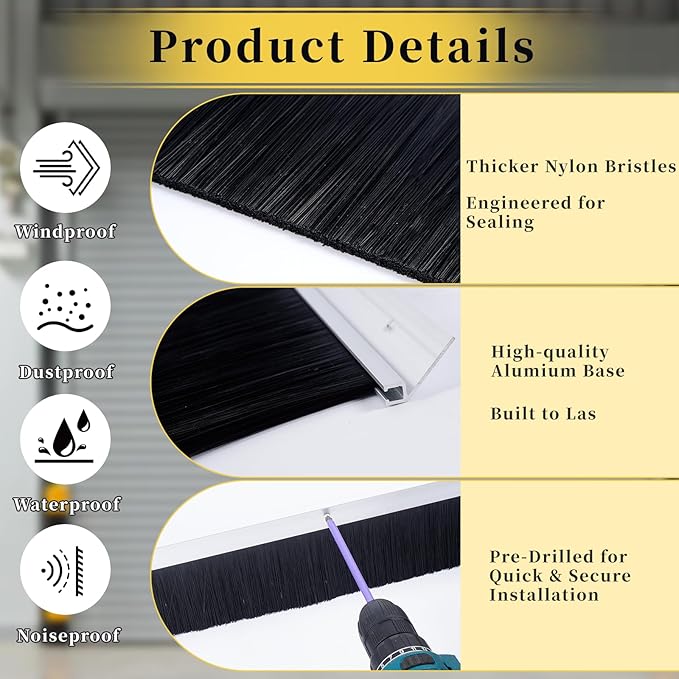 tonchean 3" Garage Brush Seal Kit for Roll-up Doors 16 x 8ft Heavy Duty Nylon Brush with Aluminum Track for Warehouse/Commercial/Sliding Barn, Top Straightx4 + Side 45-Degree Holder Side Sealx4