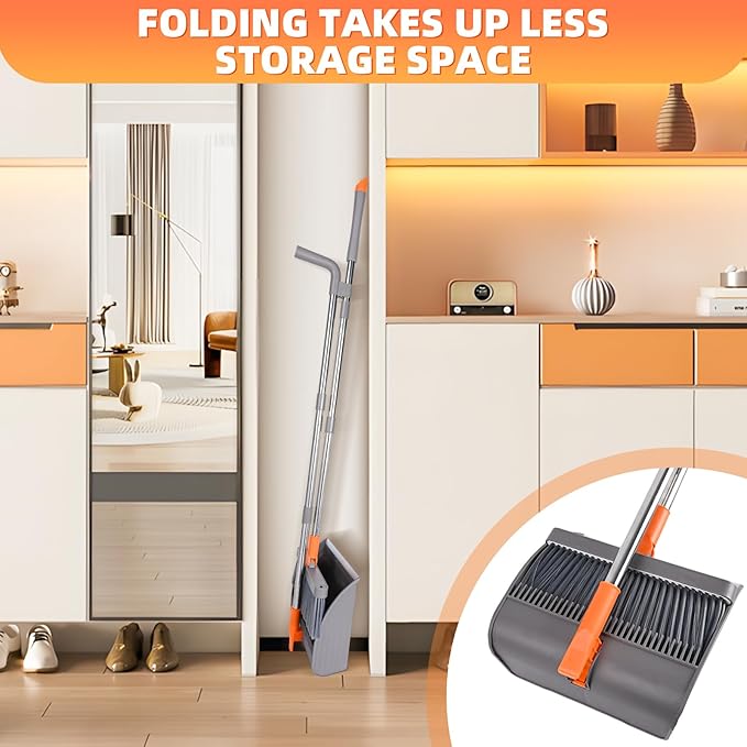 Ease of Assembly Broom and Dustpan Set, Self Cleaning with Metal Dustpan Teeth, Indoor&Outdoor Sweeping, Ideal for Dog Cat Pets Home Use, Stand Up Broom and Dustpan, Orange&Grey