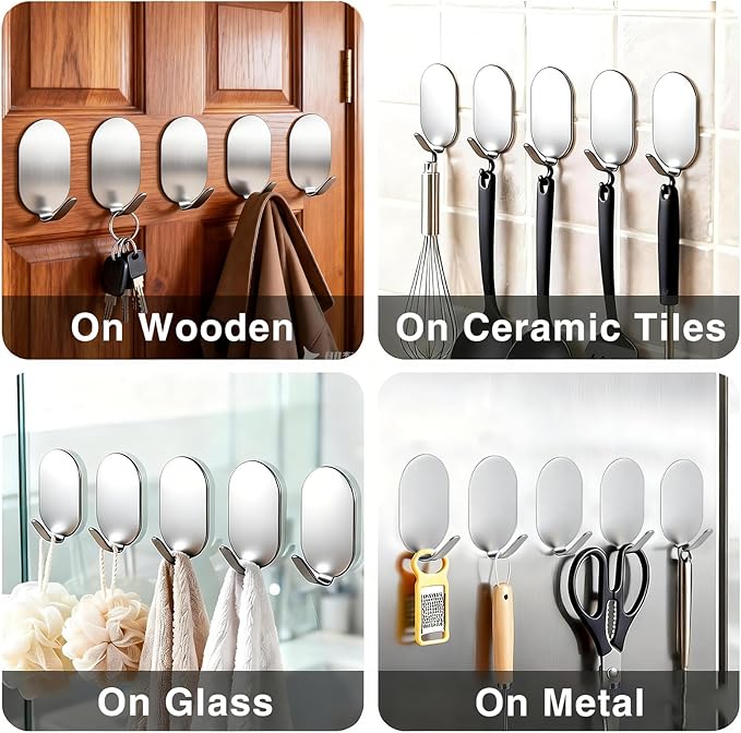 Sticky Adhesive Hooks for Hanging, Key Hooks, Stainless Steel Wall Hooks, Command Hooks, Coat Hooks, Door Hooks, Towel Hanger, Metal Hook, Utility Hooks,Picture Hanger, Storage Hooks,10Pcs (Silver)