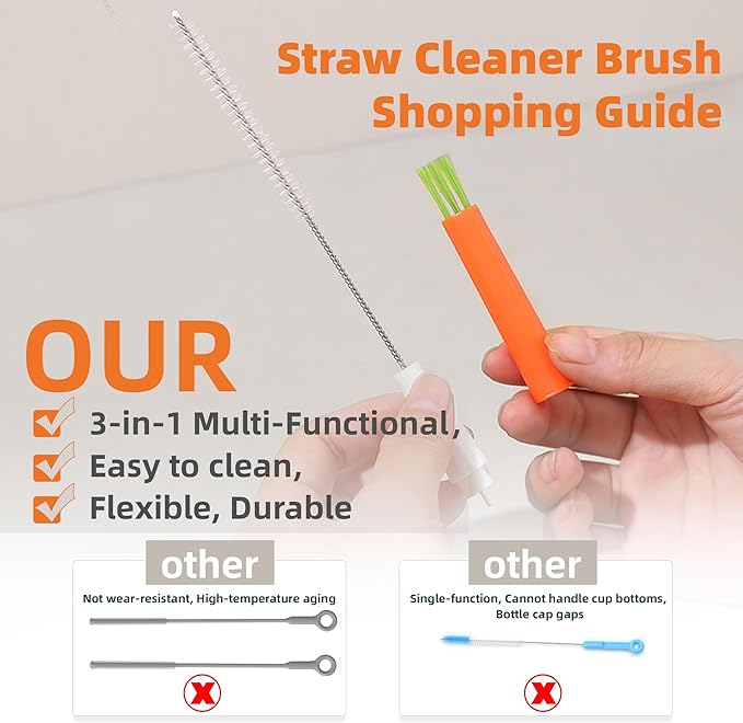 PROOCI Straw Cleaner Brush for Stanley, 2-Pack Multi 3 in 1 Extra Long Straw Cleaning Brush Set for Reusable Straws, Tumblers, Lids, Sippy Cups, Water Bottle, Nipples & Fine Gaps - Orange & Gray