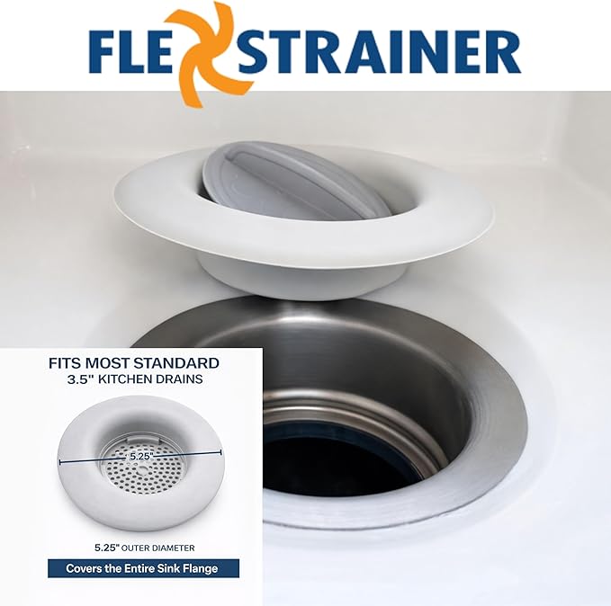 Flex Strainer® Sink Drain Strainer with Optional Stopper – No Center Stem, Fits Standard 3½” Sink Drains & Disposals – Easy Clean, Dishwasher Safe – Made in USA (1, Grey)