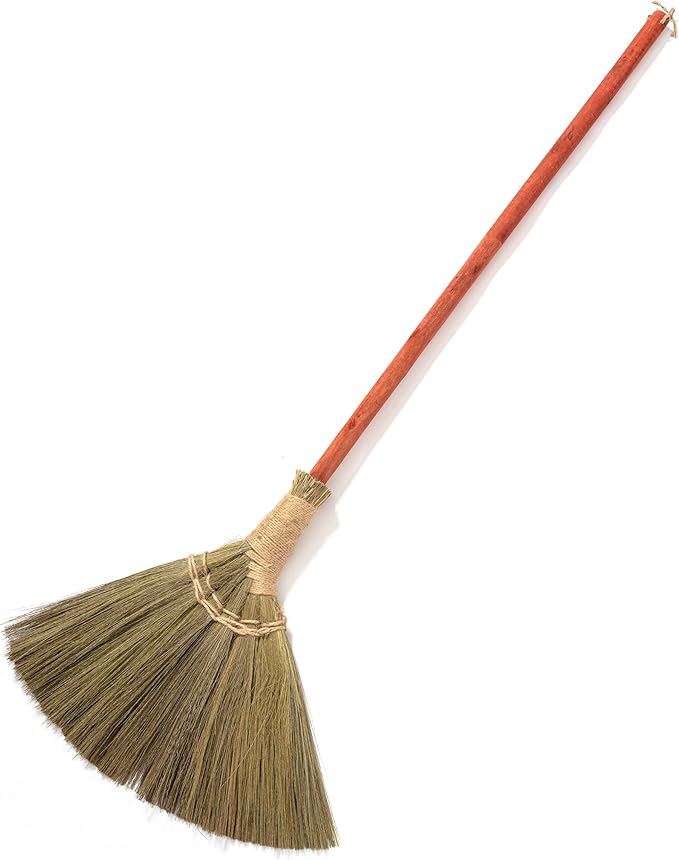 Vietnamese Natural Straw Broom – Handmade Soft Grass Broom for Indoor & Outdoor – Red Long Wooden Handle Broomstick for House, Kitchen, Garage – Wedding Jumping Broom with 46.46'' Length