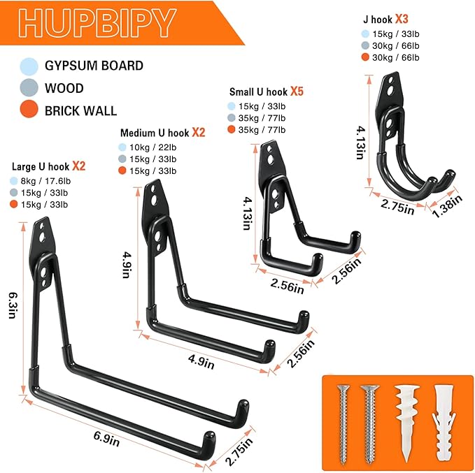 12 Pack Garage Hooks Heavy Duty Utility Steel with Anti-Slip Coating Wall Mount Storage Organizer for Hanging Power and Garden Tools, Ladders, Hose, Bikes, Ropes, Bulk Items, and More