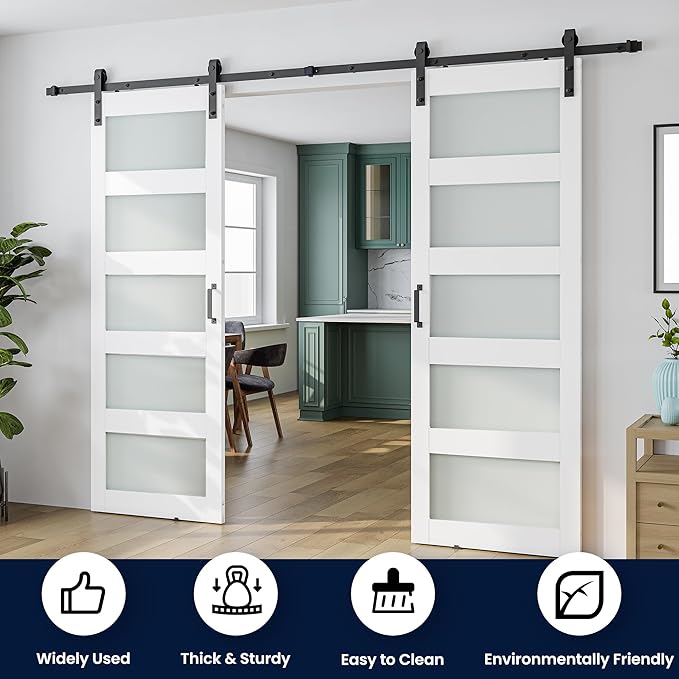 SmartStandard 60 x 84 in (Double 30×84 Door) Glass Barn Door with 10FT Sliding Hardware Kit & Handle, Pre-Drilled Ready to Assemble, Waterproof PVC Coating, 5-Panel Glass, White