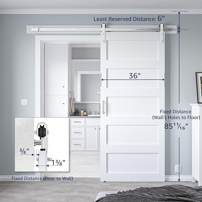 36in x 84in White Sliding Barn Door with 6.6ft Brushed Nickel Barn Door Hardware Kit & Handle, 5-Panel, Pre-Drilled Holes Easy Assembly, Water-Proof PVC Surface