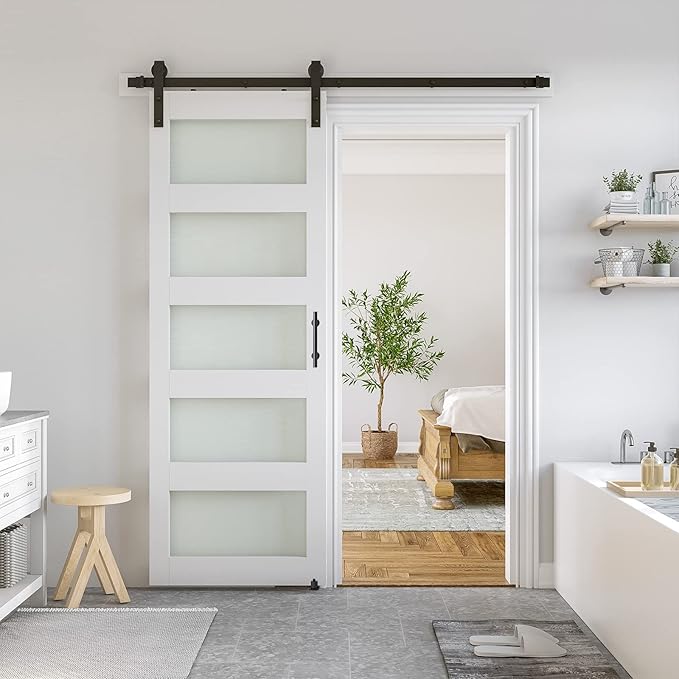 SmartStandard 32 x 80 in Glass Barn Door with 6FT Sliding Hardware Kit & Handle, Pre-Drilled Ready to Assemble, Waterproof PVC Coating, White, 5-Panel Glass