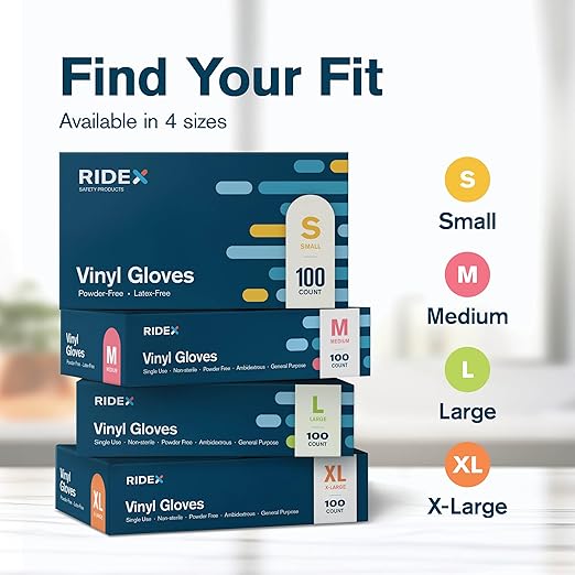 Ridex Disposable Gloves Latex-Free Clear Vinyl Gloves [1000-Count] Thick Powder-Free All-Purpose Gloves, Dispenser Box Gloves 100 Pieces - Size Medium Glove