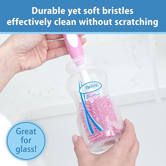 Dr. Brown's Soft Touch No Scratch Baby Bottle Cleaning Brush Nipple Cleaner with Stand and Storage Clip, BPA Free, Pink 2-Pack