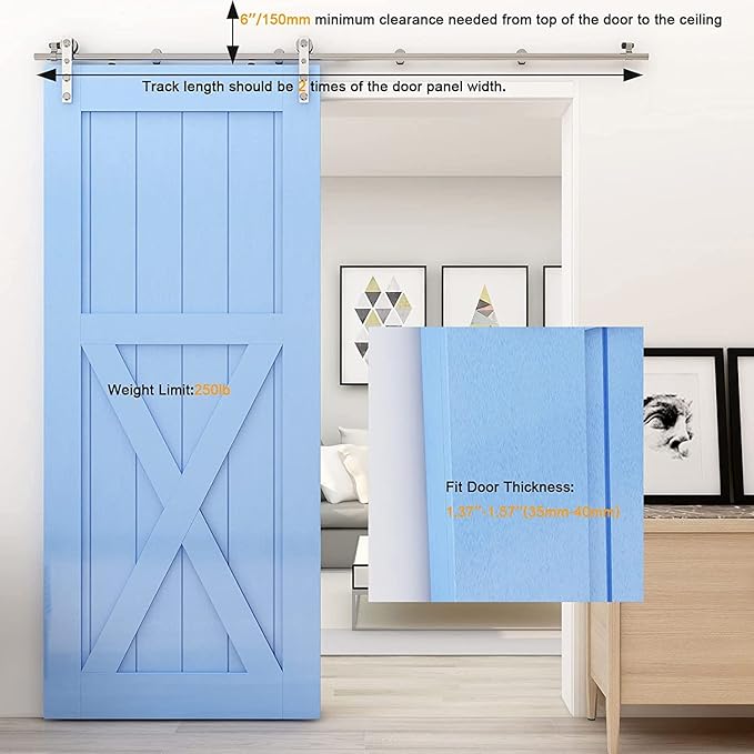 CCJH 5FT Stainless Sliding Barn Door Hardware Kit Heavy Duty for Single Wooden Door (Flat Shape Hanger)