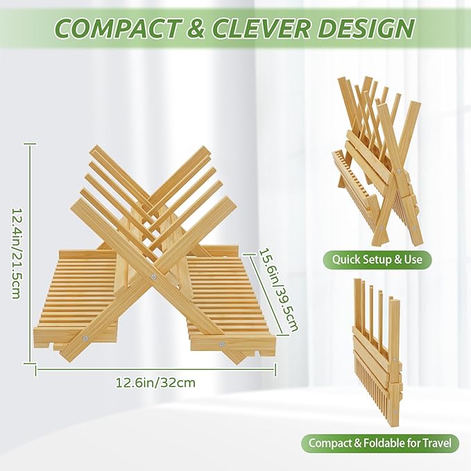 DSVENROLY Baby Bottle Drying Rack Foldable Vertical Bamboo Milk Bottle and Accessories Organizer for Busy Parents, Maximizes Space, Quick Drying, Easy Cleanup & Storage (Bamboo)
