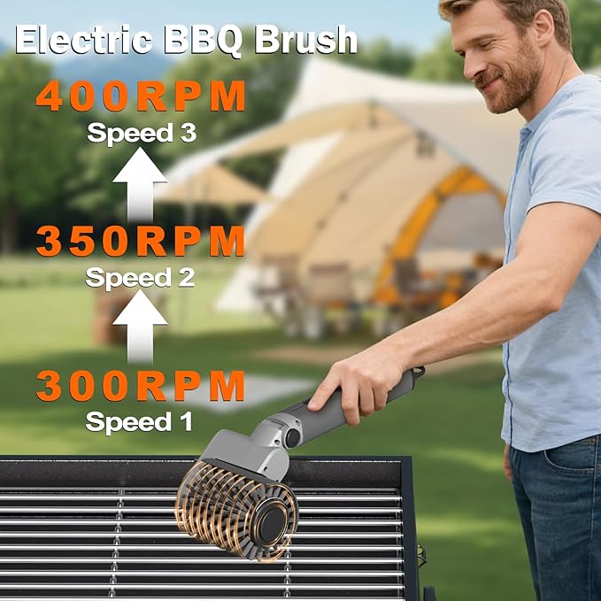 Electric Grill Brush Cleaner for Outdoor,150Mins BBQ Grill Cleaner with 3 Heads, 3-Speed & Angle Adjust Cordless Rotary Grill Brush,Waterproof Motorized Grill Cleaning Brush Kit for Barbecue Grates