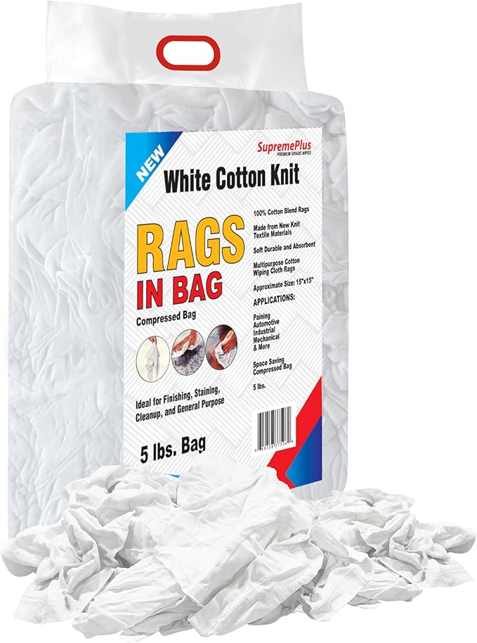 New Cotton T-Shirt Cleaning Rags Bulk (5 lbs. Bag) - White Bag of Rags for Painters, Auto Shops, Cleaning, Staining Cloth for Oil, Grease
