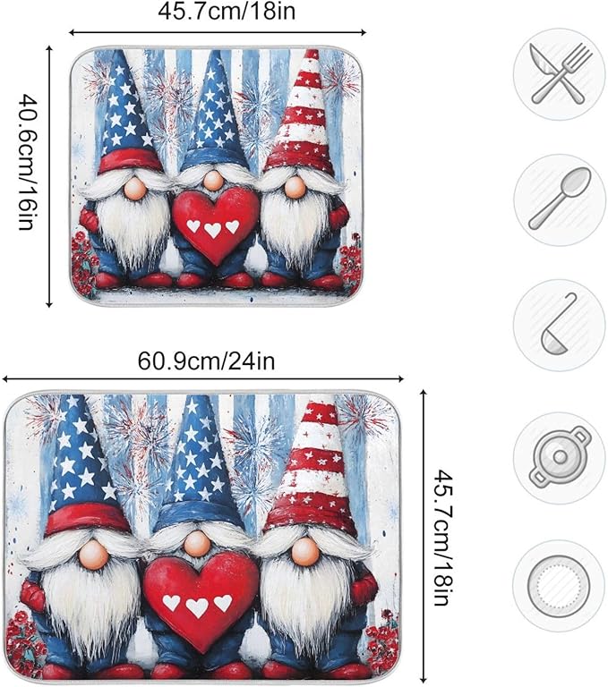 Three Cute Gnomes Pattern Dish Drying Mat for Kitchen Counter Super Absorbent Drying Mat 18x24 inch Large Dish Drying Matts for Countertop Protector Dishes Pad