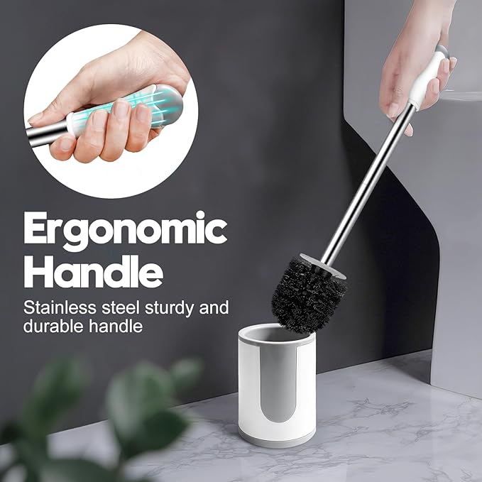 Toilet Brush, Compact Toilet Bowl Brush and Holder, Stainless Steel Handle, Toilet Cleaner Brush Deep Cleaning for Bathroom, Easy to Assemble White & Grey ﻿