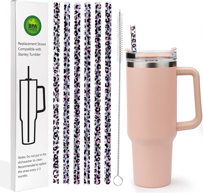 AIERSA 6 Pack Leopard Straw Replacement 40oz for Stanley,Plastic Reusable Straw for Stanley Adventure Quencher Travel Tumbler,Long Straws with Cleaning Brush for Stanley Cup Accessories