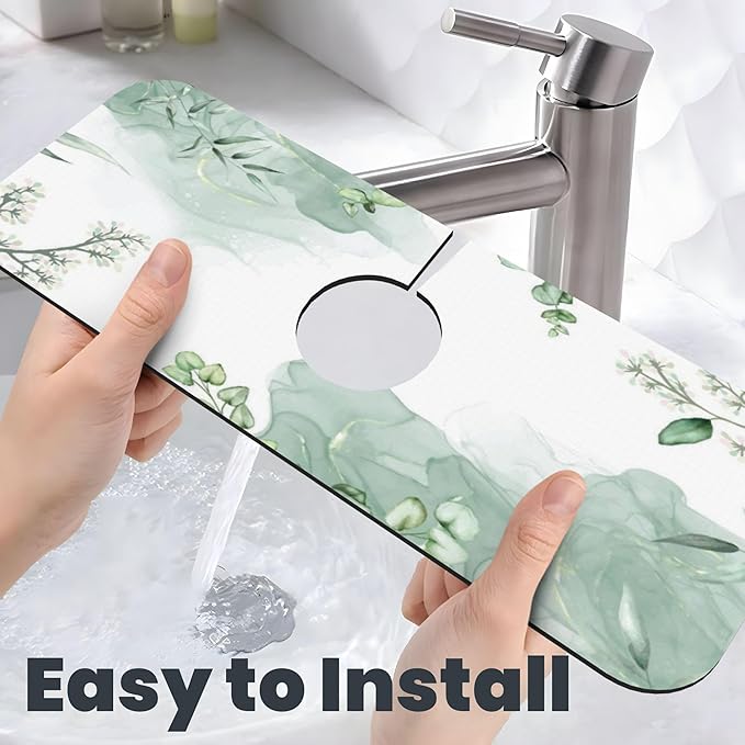 Watercolor Green Leaf Floral Dish Drying Mat for Kitchen Counter, 18"x24" Microfiber Absorbent Fast Dry Mat, 2Pcs Dish Mat Faucet Mats Sets, Large Drying Kitchen Mat Kitchen Drying Pad