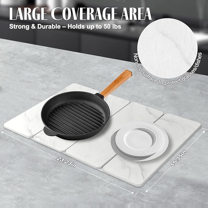 Large Stone Dish Drying Mats for Kitchen Counter, 24"(L)×16"(W) Collapsible Quick Dry Dish Drying Mat, Eco-Friendly Absorbent Diatomaceous Earth Mat for Dishes Bottles Cup【Marble pattern】