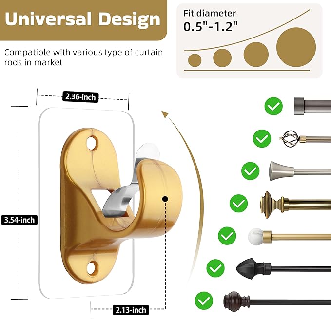 ANDGOO 6 Pack Curtain Rod Brackets No Drilling, Gold Curtain Hooks Self Adhesive Curtains Rod Holders, Heavy Duty No Screw Stick on Wall for Bedroom, Bathroom, Livingroom, Kitchen, Hold up to 13lbs