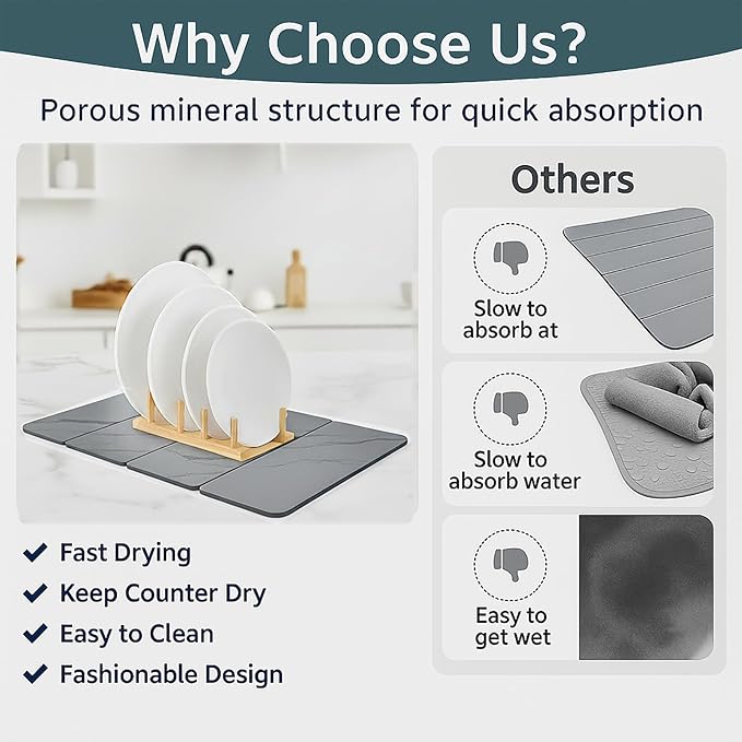 Large 4-Panel Stone Drying Mat for Kitchen Counter, 24"×16" , Foldable Diatomaceous Earth Dish Drying Mat, Quick-Dry ,Premium PU Leather Backing, Non-Slip, Kitchen Essentials