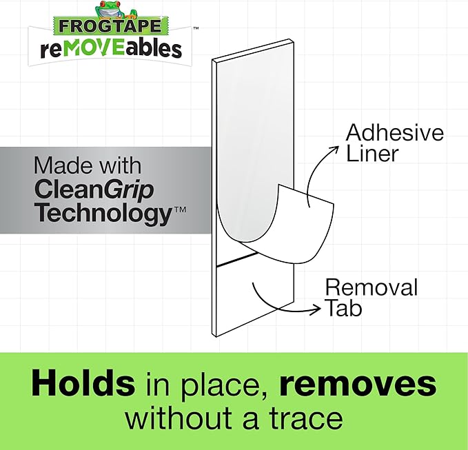 FrogTape reMOVEables Damage Free Adhesive Hook - Removable & Reusable Small Wire Wall Hooks for Hanging - No Nails - Includes 54 Hooks & 72 Adhesive Strips - Holds up to 0.5 lb - Clear (Pack of 54)