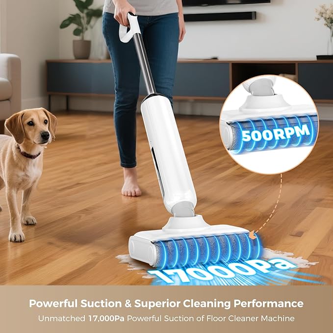 Wet Dry Vacuum Cleaner, 17000Pa Cordless Vacuum Mop Combo for Hard Floors, 180° Lay-Flat Design with Edge Cleaning, Self-Cleaning Floor Washer, Up to 45 Min Runtime, LED Display & Voice Prompts