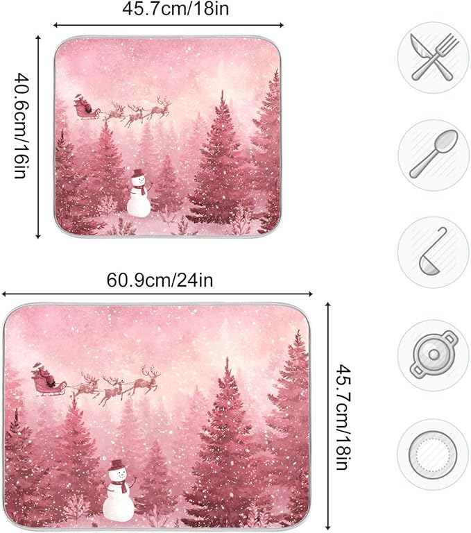 Christmas Forest with Snow Falling Santa Dish Drying Mat for Kitchen Counter Super Absorbent Drying Mat 16x18 inch Large Dish Drying Matts for Countertop Protector Dishes Pad
