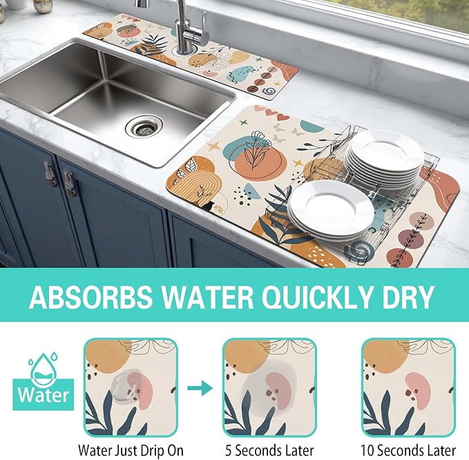 Dish Drying Mat for Kitchen Counter Matt, 2PCS 23"x15" Dish Drainer Mat & 24"x5.5" Sink Splash Guard, Super Absorbent Non-slip Rubber Backed