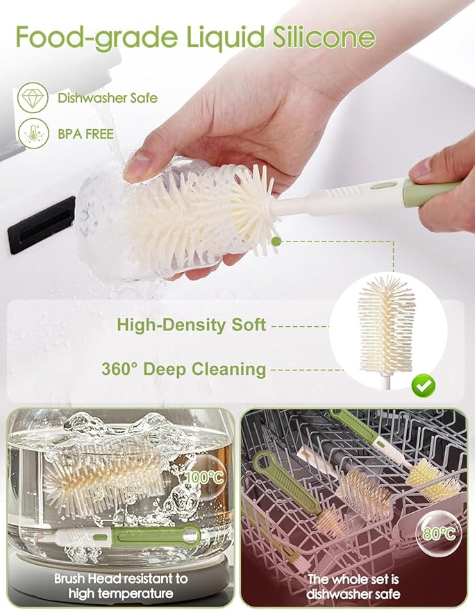 Baby Bottle Brush Set-Travel Bottle Cleaner Kit with Silicone Brush,Drying Rack,Nipple Brush,Straw Brush,Bottle Mouth Brush,Storage Box-6 in 1 Portable Bottle Washing Kit for Home and Travel