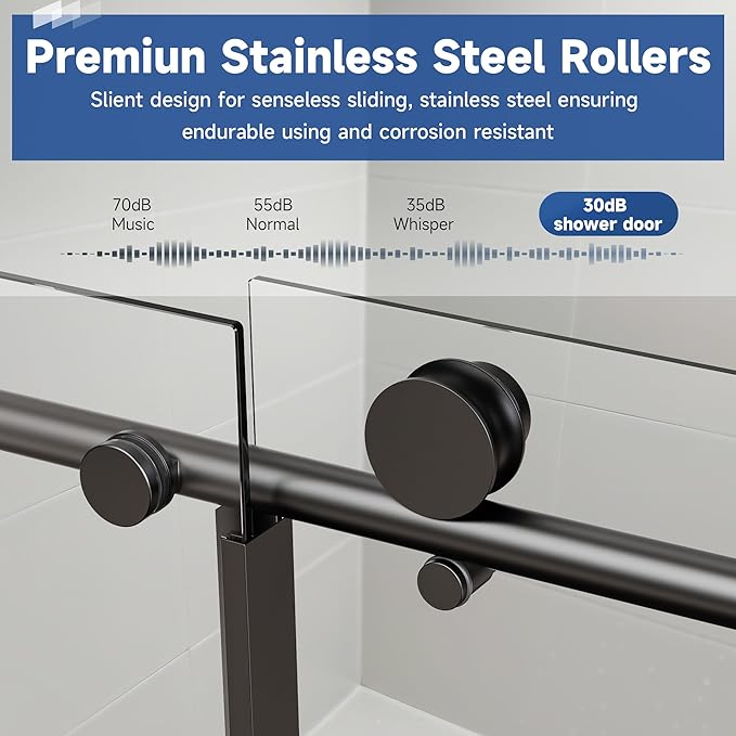 Frameless Sliding Shower Door 72” W x 76” H, 3/8” Tempered Glass, Single Bypass Shower Enclosure with Reversible Door, Quiet Rollers, Anti-Jump Safety System,Matte Black Stainless Steel
