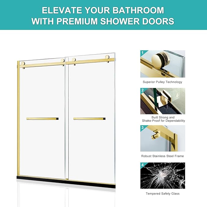 Milano Double Sliding Shower Door, 54 in.W x 74 in.H Framed Shower Door 5/16"(8mm) Clear Tempered Glass, 18 inch Pull Handle, Stainless Steel Hardware, Brushed Gold Finished